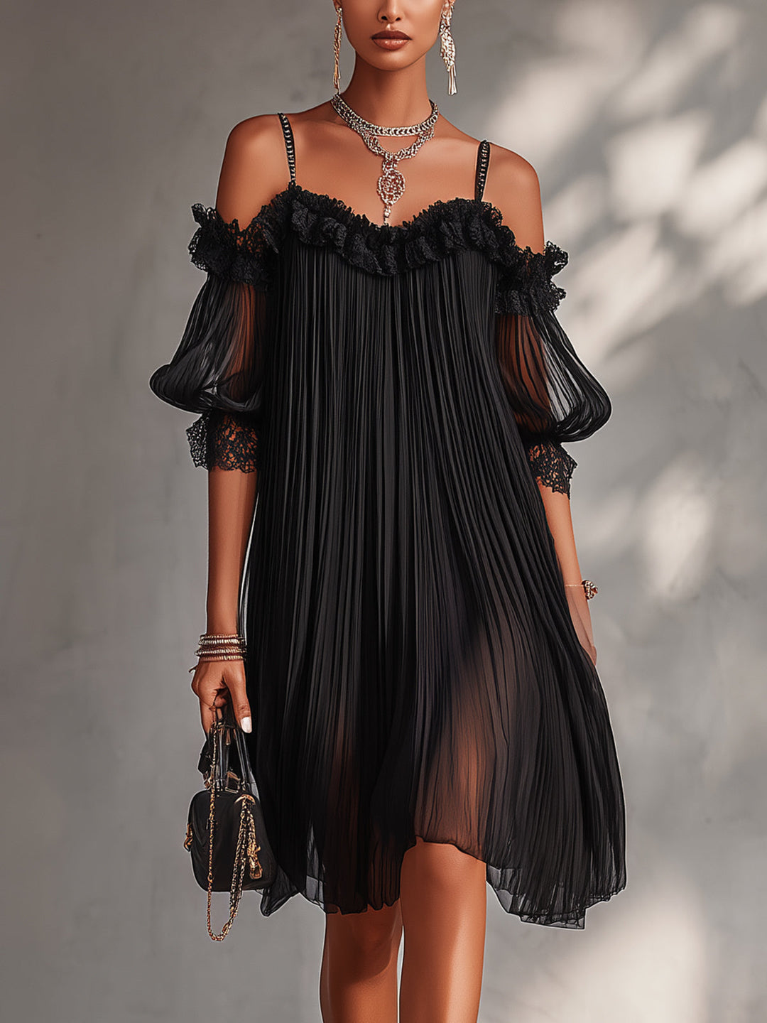 Vittoria | Black mini dress in muslin with off-the-shoulder design and lace trim