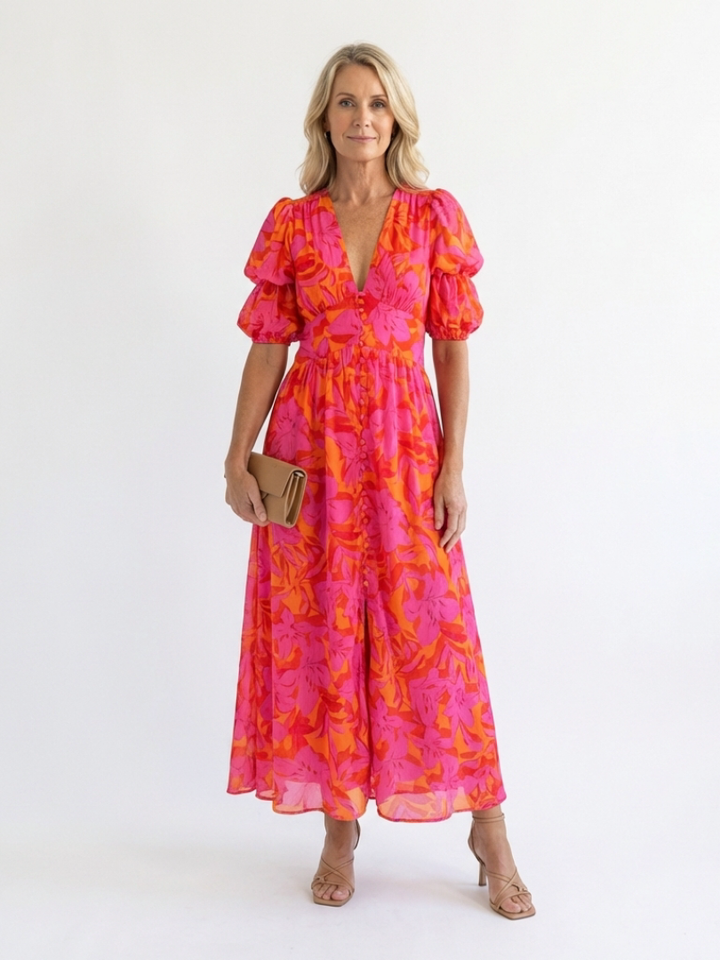 Willow | Midi Dress with Puff Sleeves and Floral V-Neck