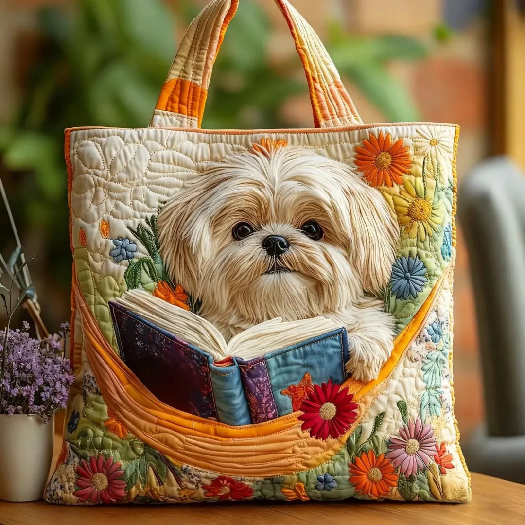 Craft Tote Bag - Shih Tzu with Books and Flowers