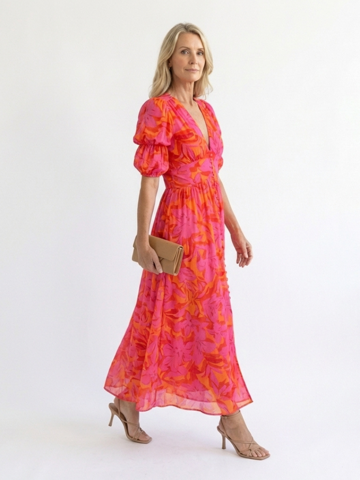 Willow | Midi Dress with Puff Sleeves and Floral V-Neck