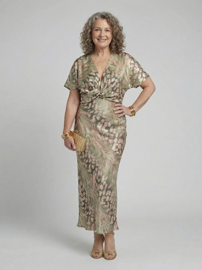 Coralie | Midi Dress with Abstract Print, V-Neck, and Twisted Waist