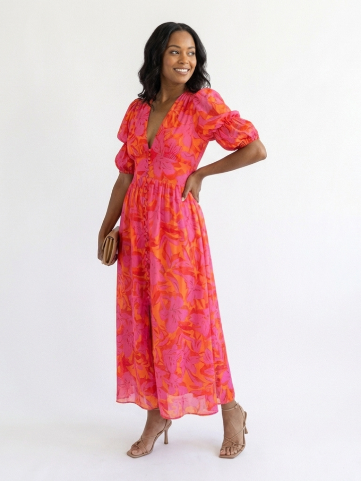 Willow | Midi Dress with Puff Sleeves and Floral V-Neck
