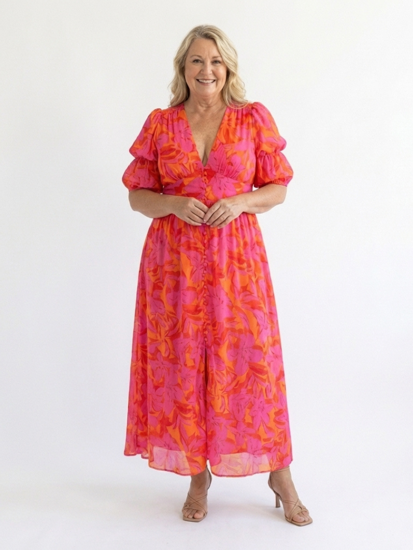 Willow | Midi Dress with Puff Sleeves and Floral V-Neck