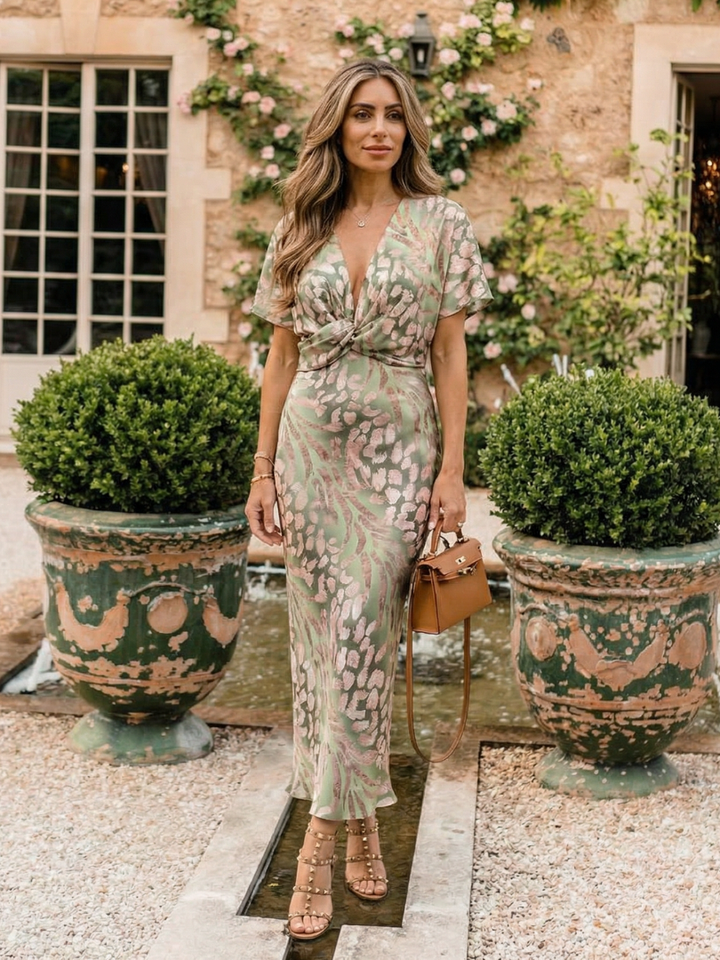 Coralie | Midi Dress with Abstract Print, V-Neck, and Twisted Waist
