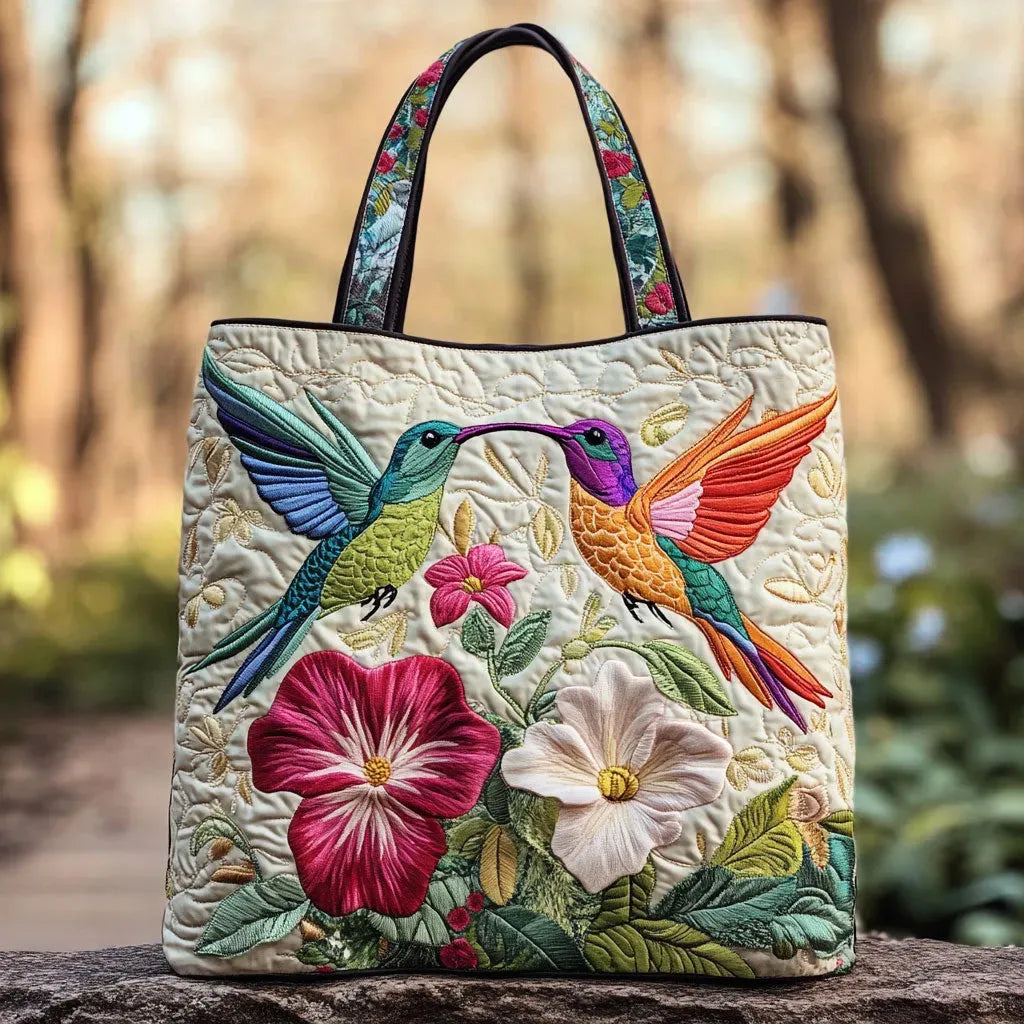 Padded Tote Bag - Hummingbirds and White Flowers