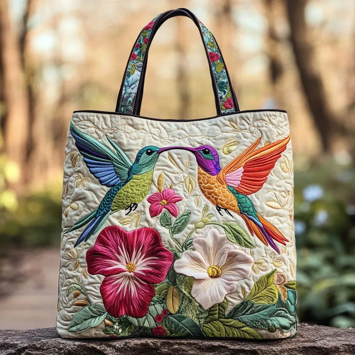 Padded Tote Bag - Hummingbirds and White Flowers