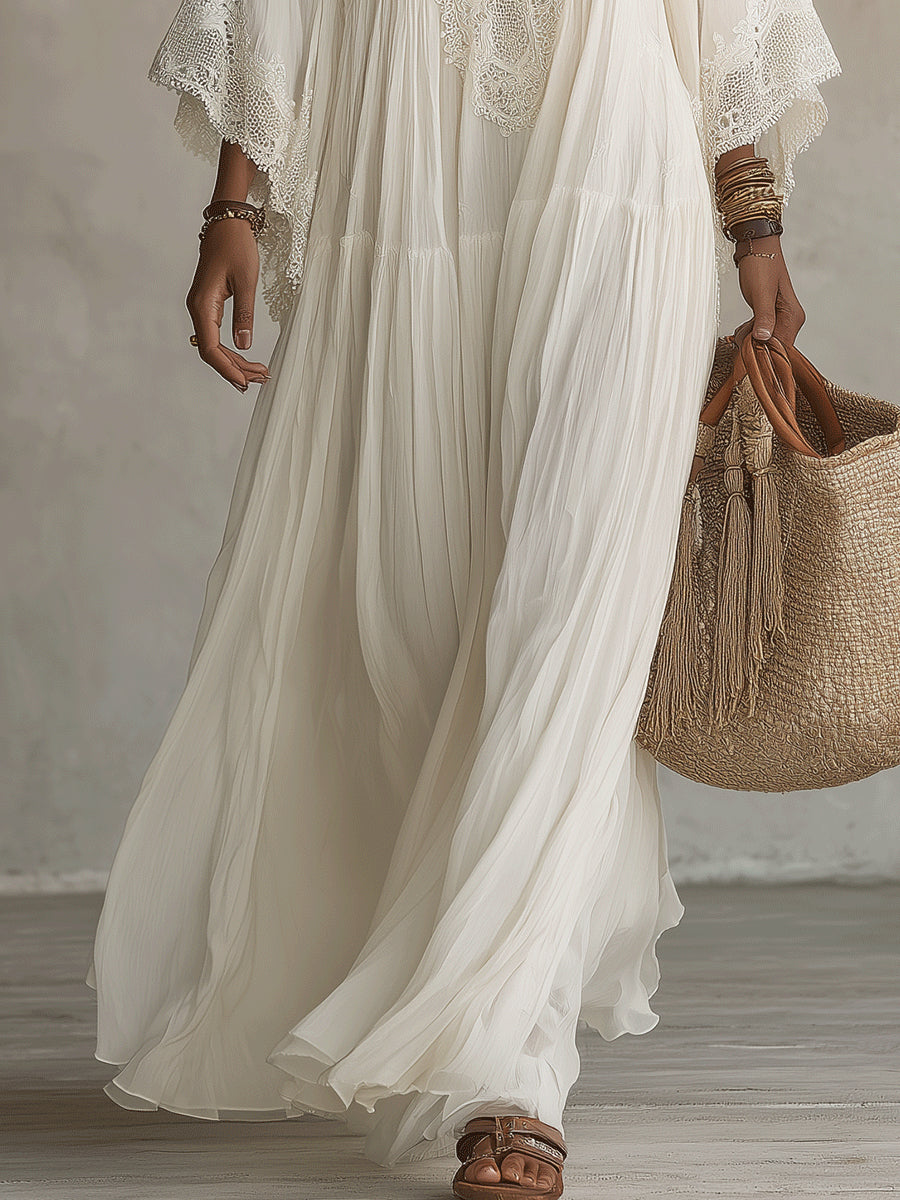 Ivory Chiffon Long Dress with Batwing Sleeves and White Lace