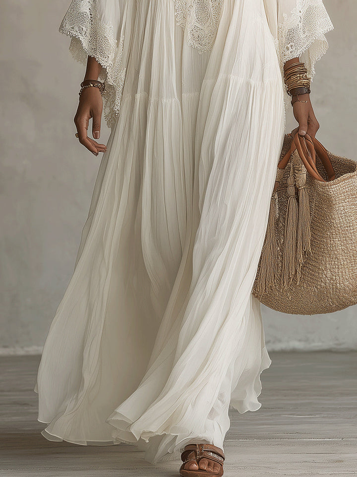 Ivory Chiffon Long Dress with Batwing Sleeves and White Lace