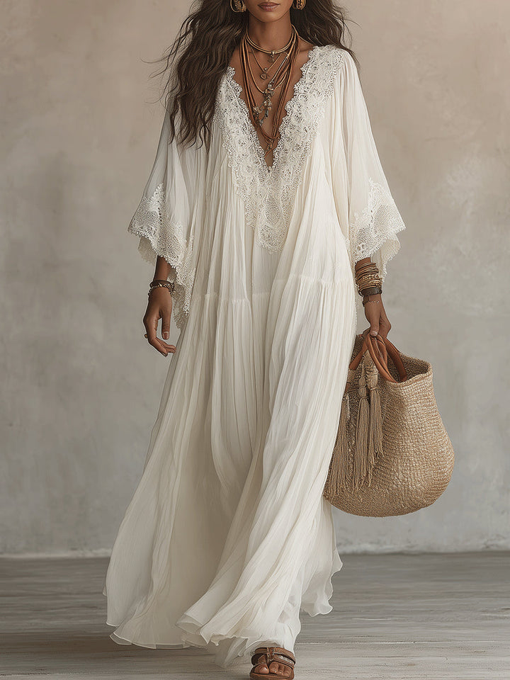 Ivory Chiffon Long Dress with Batwing Sleeves and White Lace
