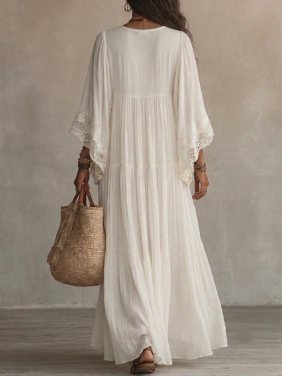 Ivory Chiffon Long Dress with Batwing Sleeves and White Lace