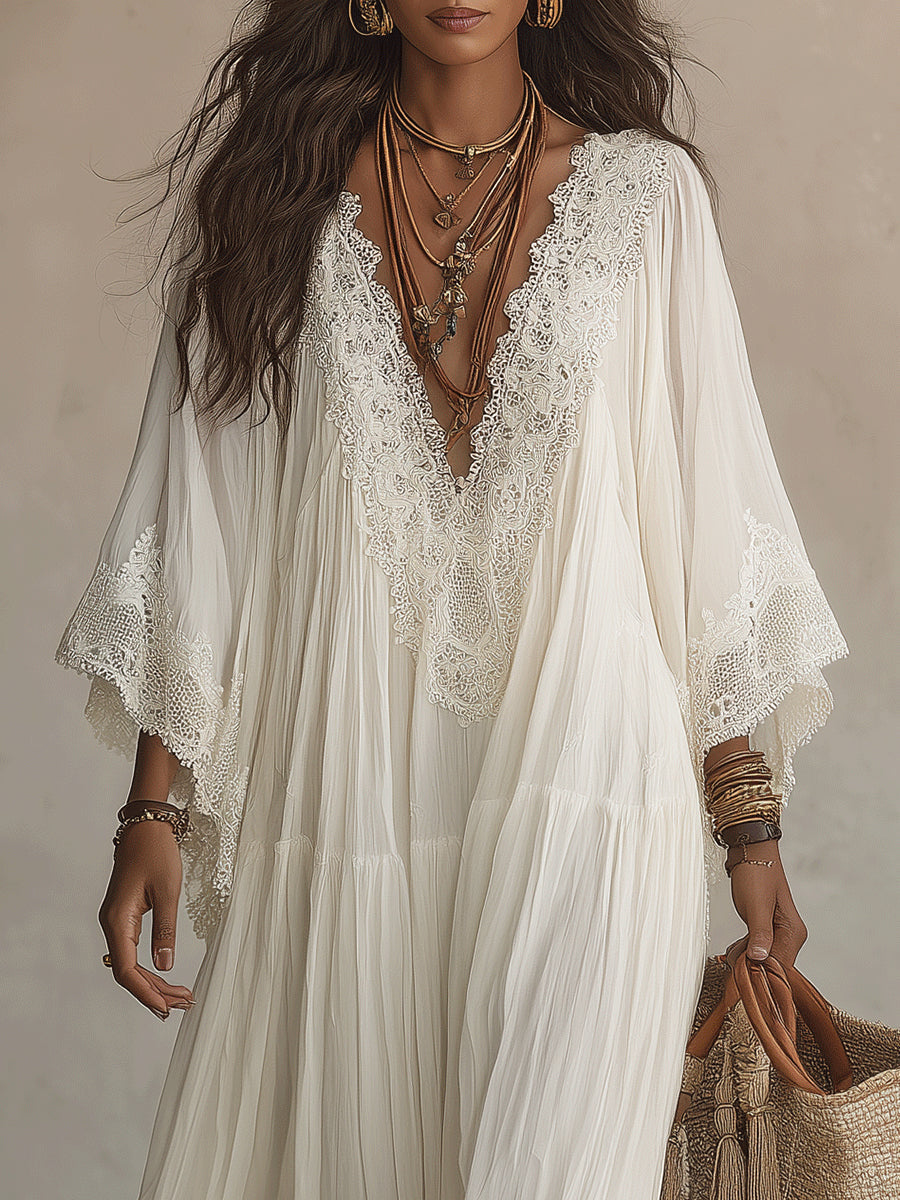 Ivory Chiffon Long Dress with Batwing Sleeves and White Lace