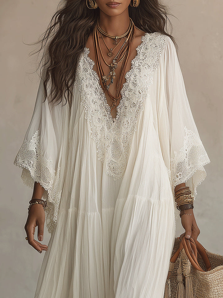 Ivory Chiffon Long Dress with Batwing Sleeves and White Lace