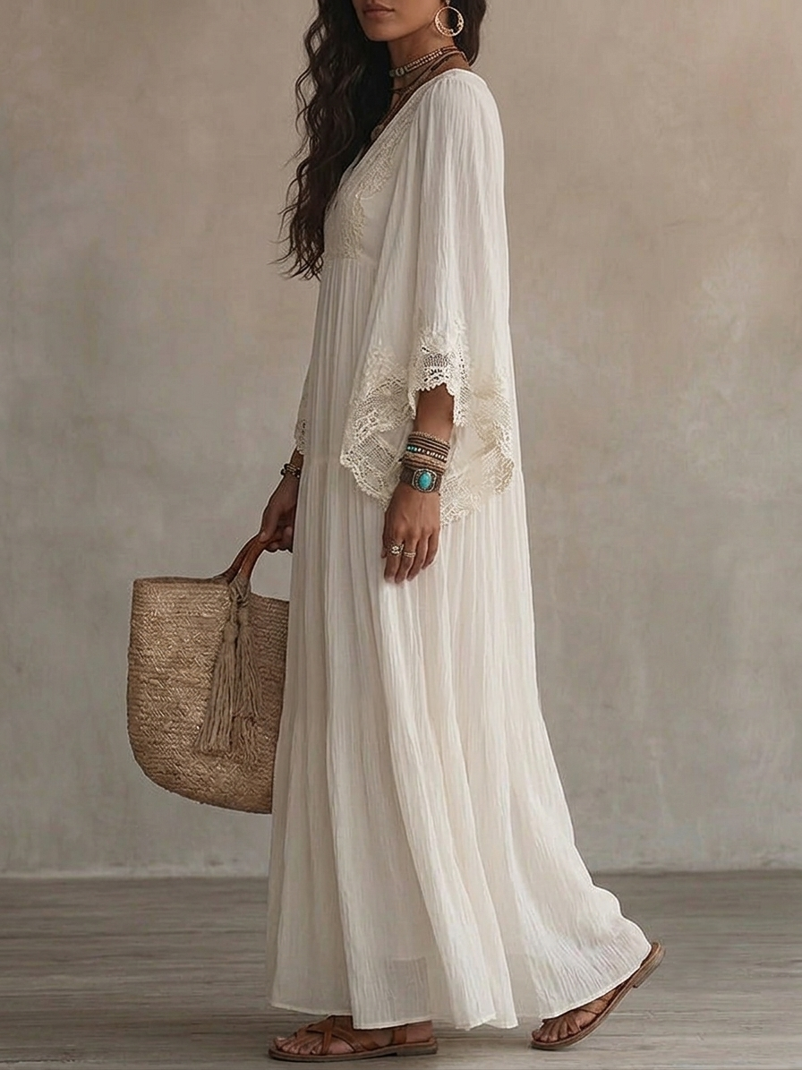 Ivory Chiffon Long Dress with Batwing Sleeves and White Lace