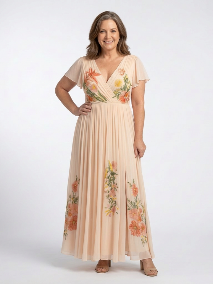 Calista | Floral Pleated Maxi Dress with Short V Sleeves