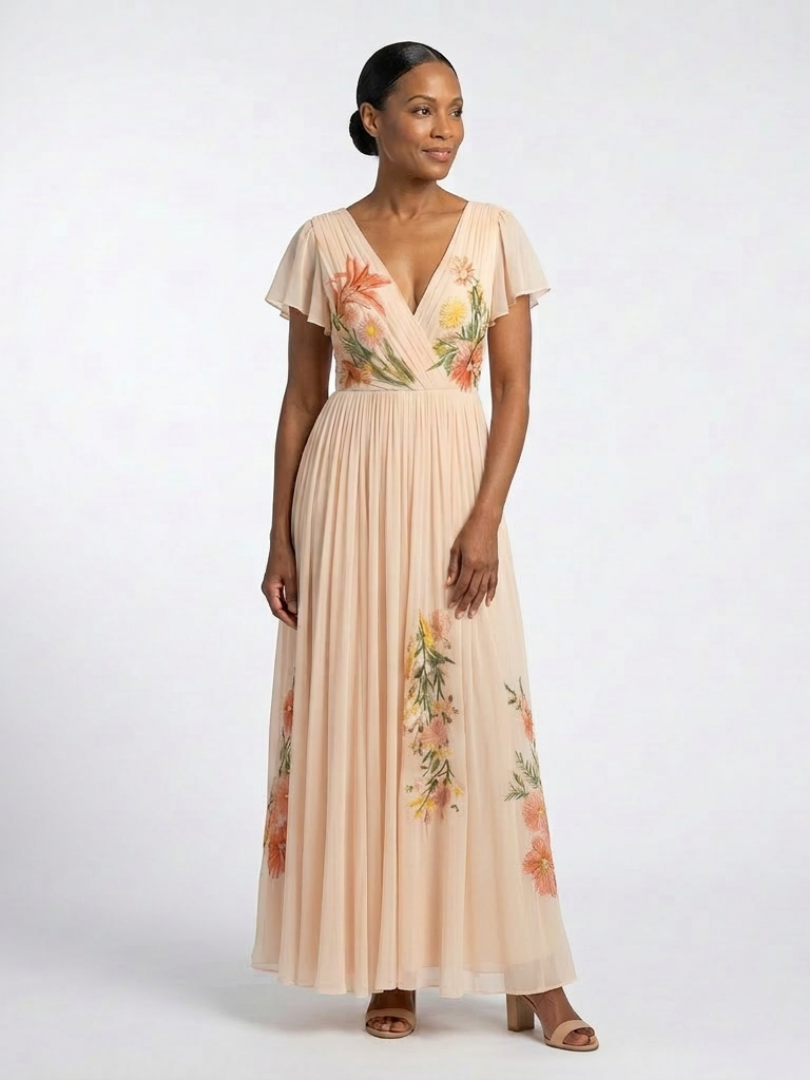 Calista | Floral Pleated Maxi Dress with Short V Sleeves
