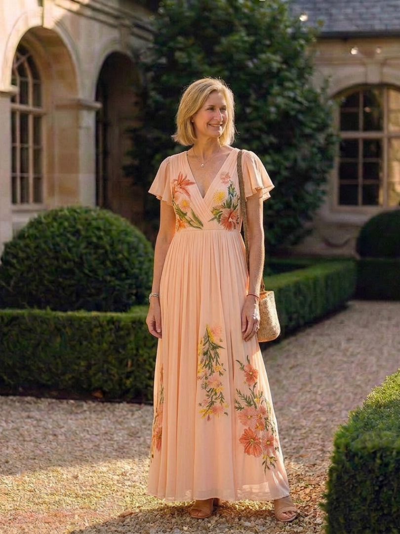 Calista | Floral Pleated Maxi Dress with Short V Sleeves