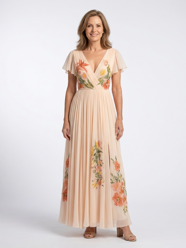 Calista | Floral Pleated Maxi Dress with Short V Sleeves