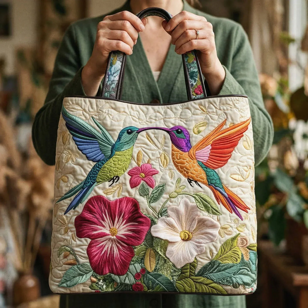 Padded Tote Bag - Hummingbirds and White Flowers