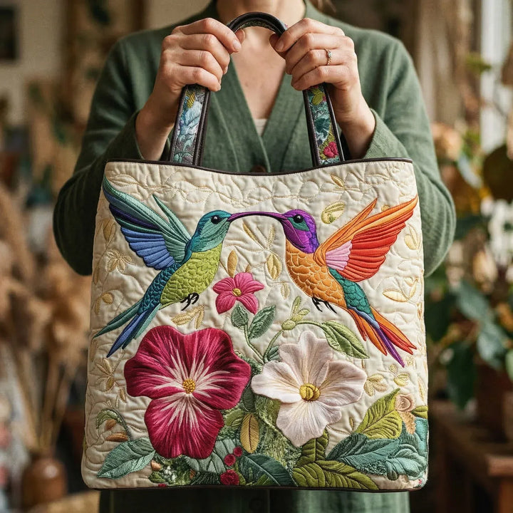 Padded Tote Bag - Hummingbirds and White Flowers