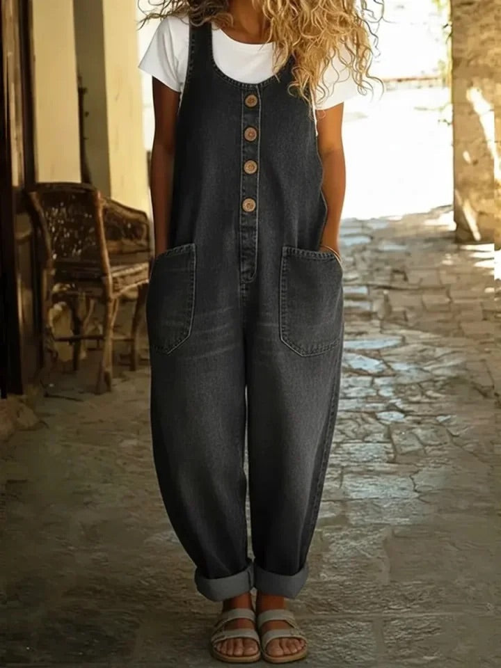 Valentina - Vintage washed cotton denim dungarees