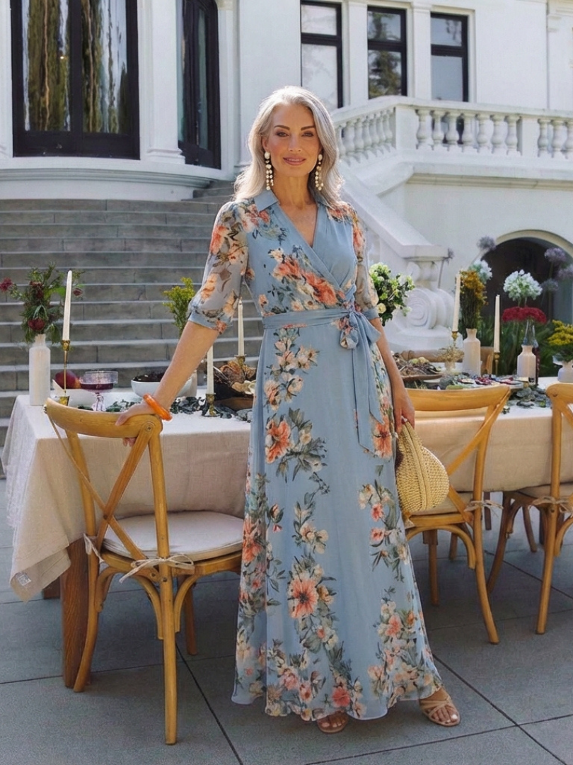 Elowen | Floral V-Neck Maxi Wrap Dress